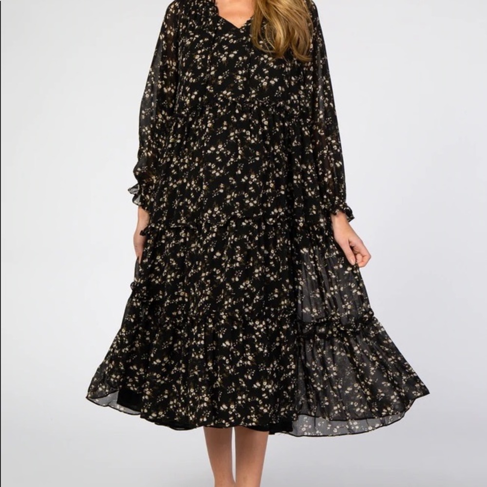 Black Floral Chiffon Tiered Maternity Midi Dress